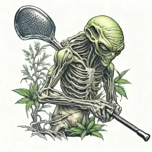 A Realistic Alien Holding A Golf Club With Weed Plants In The Background