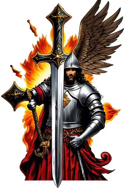 Cross Of St John And Templar Knight Holding A Sword