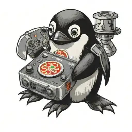 A Baby Penguin Wearing A Pizza Hut Uniform Playing A Video Game Console