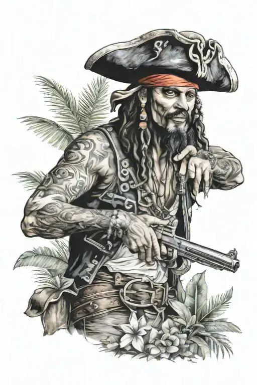 A Realistic Portrait Of A Pirate Holding A Pistol Surrounded By Lush Tropical Plants