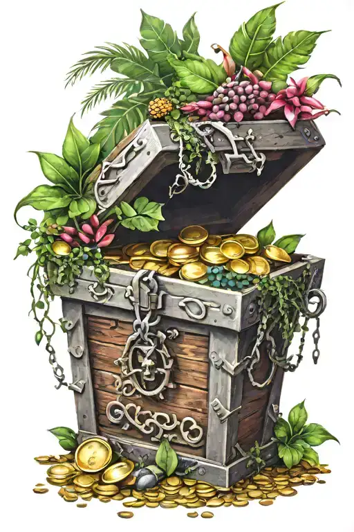 A Realistic Painting Of A Pirate Treasure Chest Overflowing With Vibrant Plants And Gold Coins