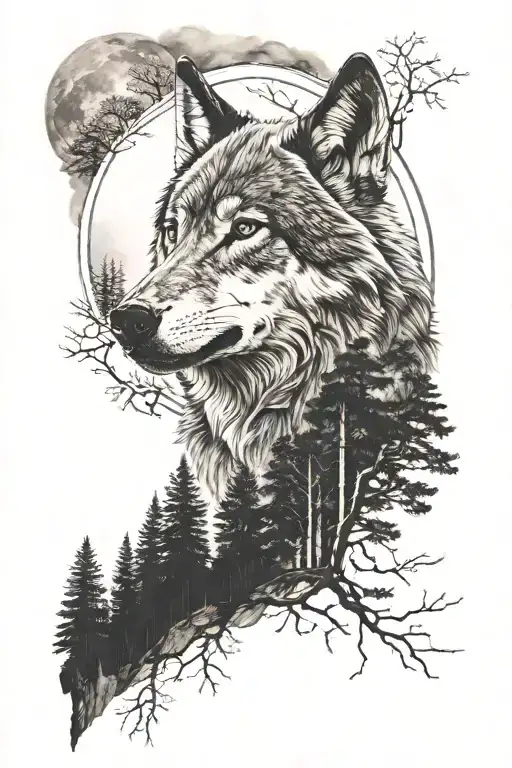 Wolf Head With A Forest And A Couple Of Wolds On A Mountain