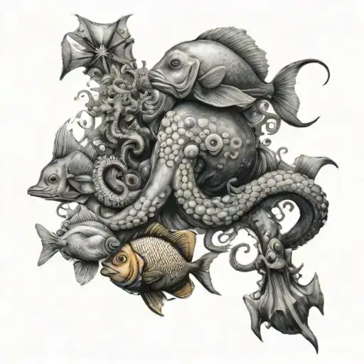 Many Fish And An Octopus In The Middle