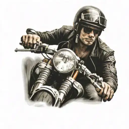 A Realistic Portrait Of A Motorbike Rider With An Illuminati Eye Tattoo On Their Arm