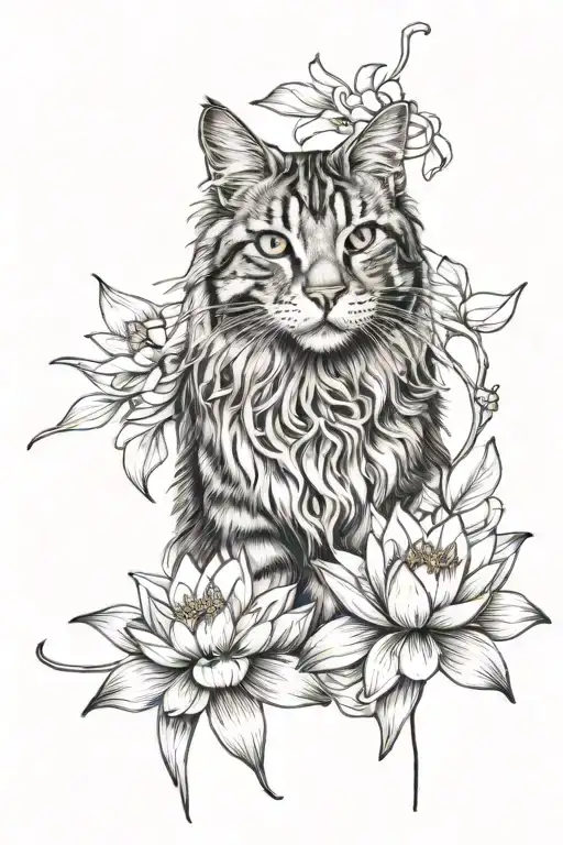 Long-haired Tabby Cat With Honey-colored Eyes And Long Whiskers Among Lotus Flowers