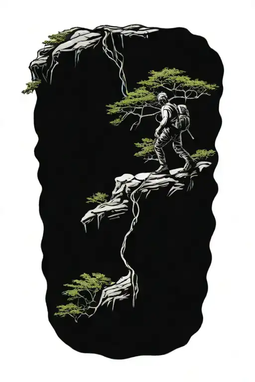 A Hiker Climbing A Tree That Transforms Into A Mountain Peak