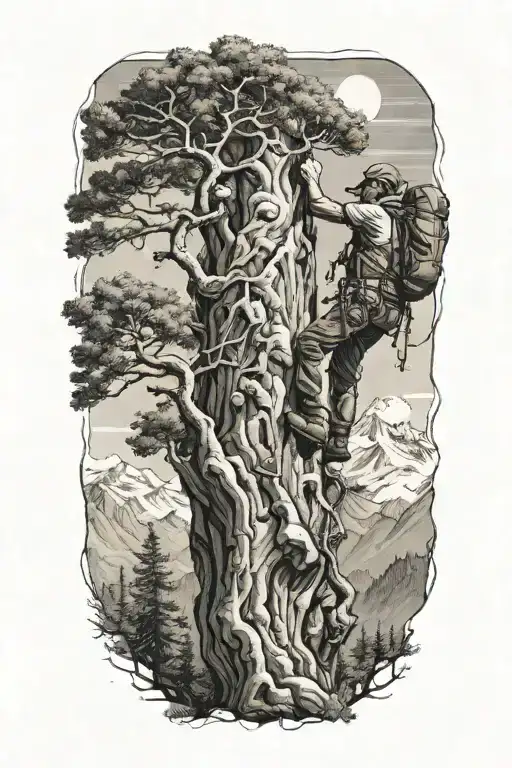 A Hiker Climbing A Tree That Transforms Into A Mountain Peak