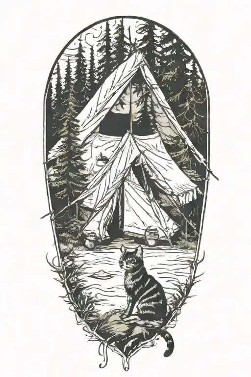 A Cat In A Camping Tent Surrounded By Trees