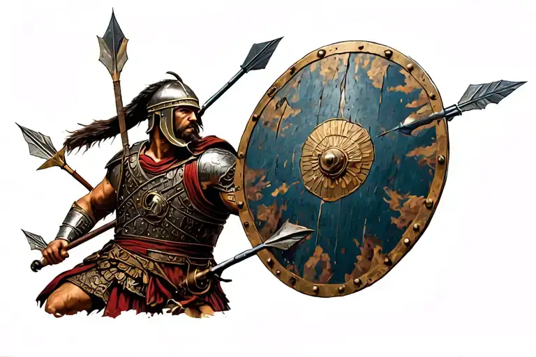 Trojan Soldier Taking Cover Behind His Shield With Arrows Coming From The Sky
