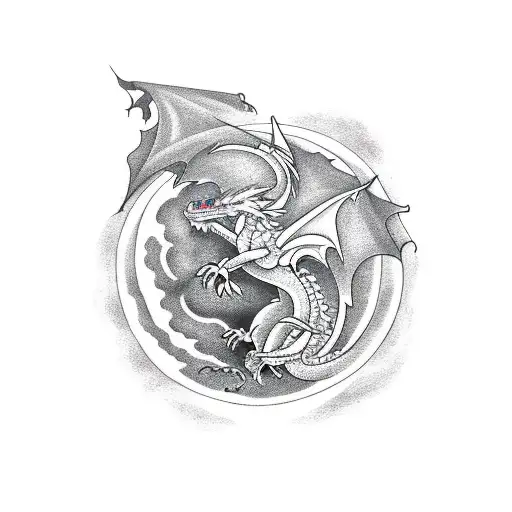 A Fierce Dragon Soaring Over A Crimson Moon In A Blackwork Style