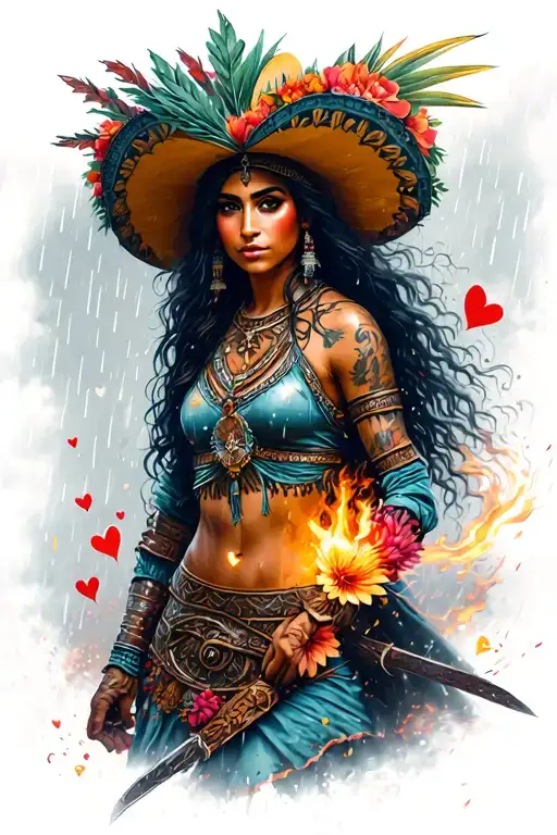 Mexican Woman Warrior In Battle In A Rain Storm With Ligh Chasing Love With Hearts And Flowers