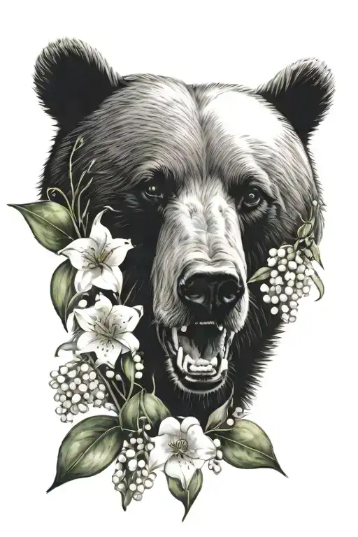 Bear Face With Lily Of The Valley And Hawthorn Flowers