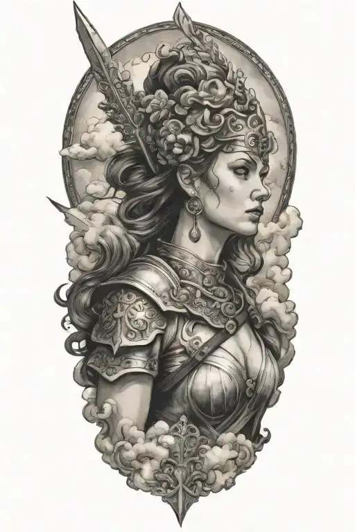 Baroque Style Woman Warrior With A Spear In Clouds