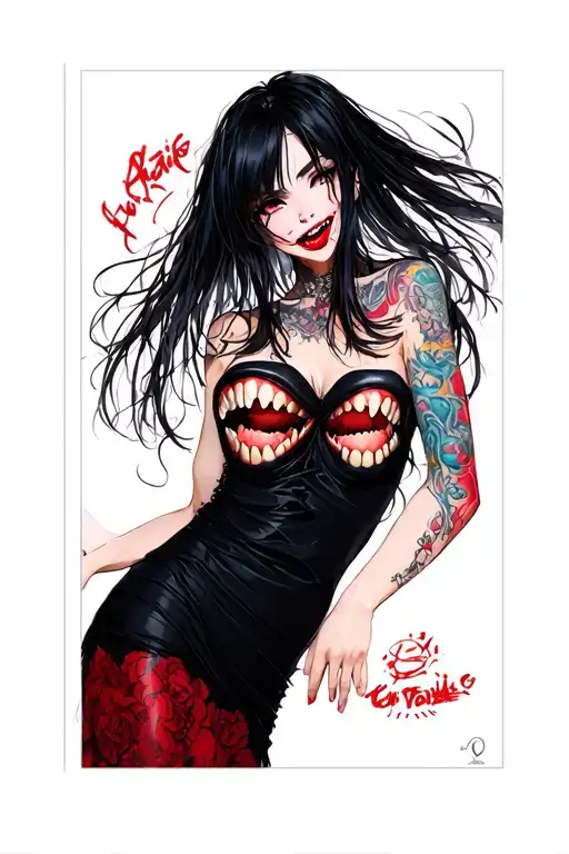 Crazy Full-length Anime Girl With Black Hair And Vampire Teeth