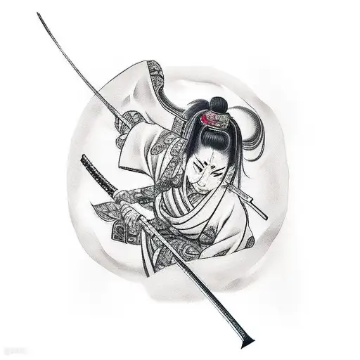 Lady Samurai With Hannya On A Battlefield Background