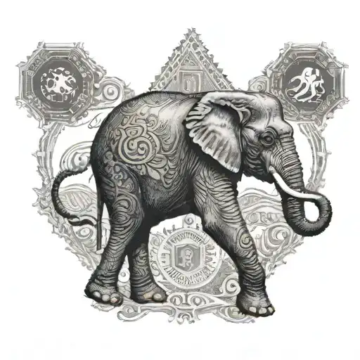 A Dotwork Tattoo Of A Majestic Elephant Walking Through A Passport Stamp Border