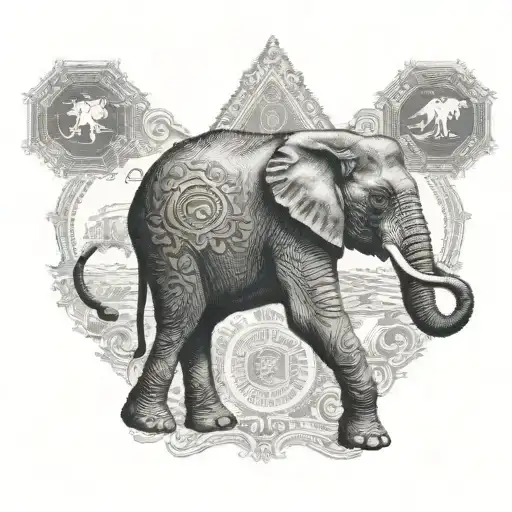 A Dotwork Tattoo Of A Majestic Elephant Walking Through A Passport Stamp Border