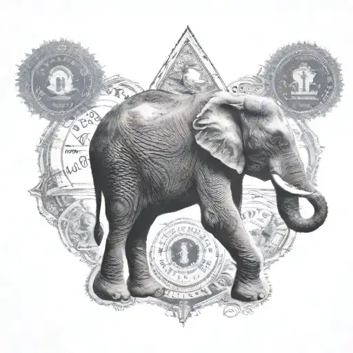 A Dotwork Tattoo Of A Majestic Elephant Walking Through A Passport Stamp Border