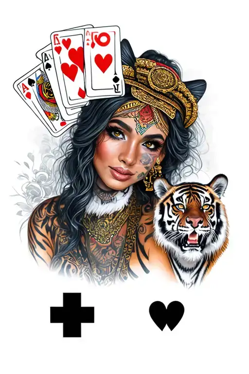 Chicano Girl With Cards And Tiger Face