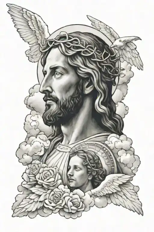 Jesus Face And Virgin Mary's Face And Angels In The Clouds