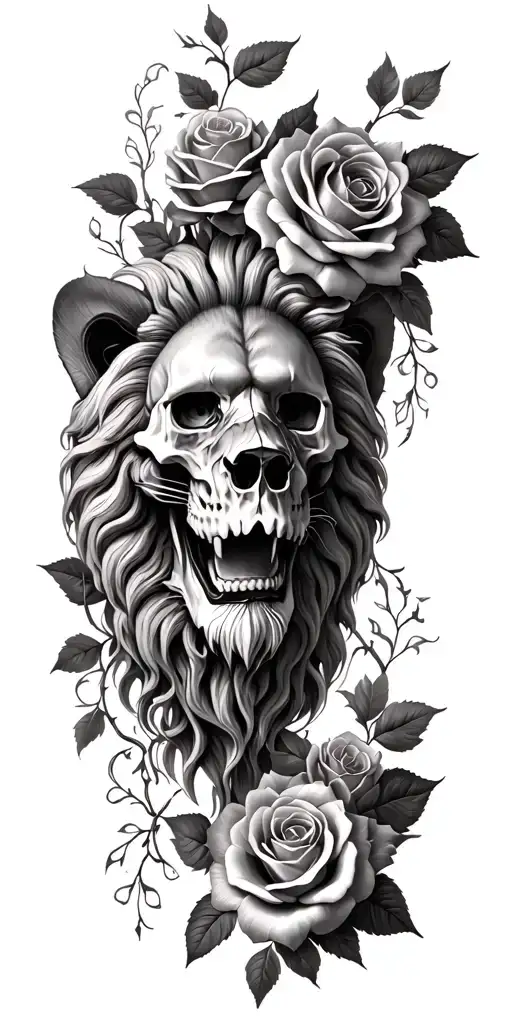 Lion Head And Skulls With Some Roses And Some Vines Wrapping