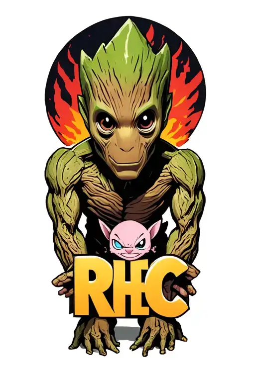 Groot Leaning Over The Letters Rhec With Stitch And Majin Buu In The Background