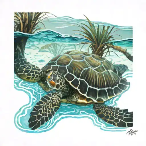 A Serene Turtle Swimming Among Palm Tree Roots In Crystal Clear Water