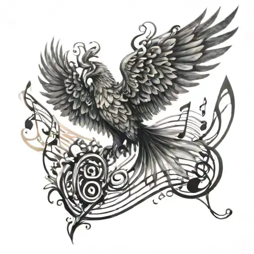 A Realistic Depiction Of A Phoenix Rising From Musical Notes