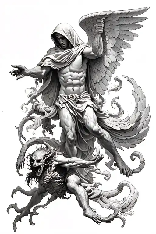 Hooded Arch Angel Defeating A Demon