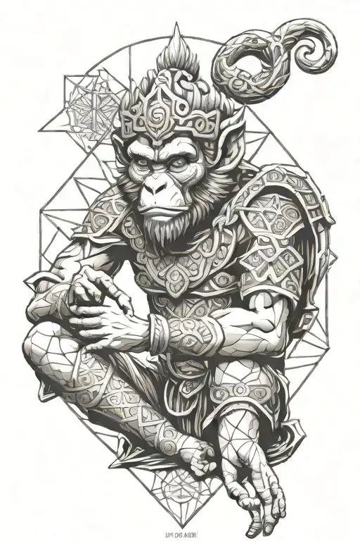 Monkey King Meditation Pose With Geometry Background