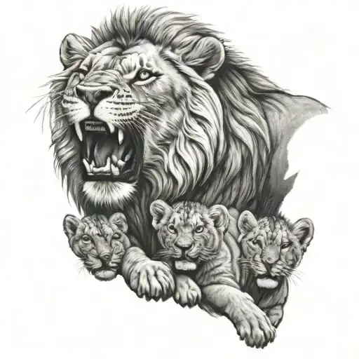 Roaring Lion With A Crown Holding 4 Baby Cubs