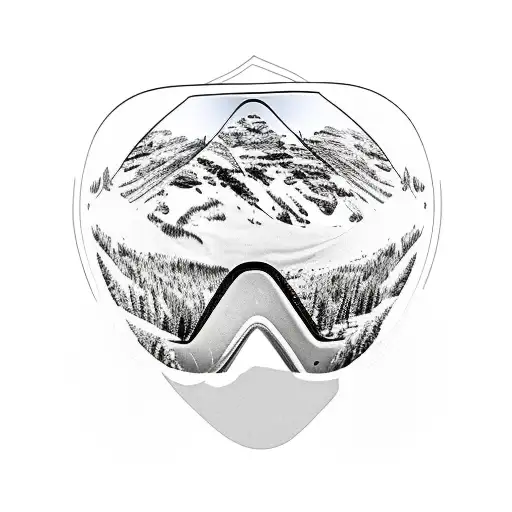 Snowboarding Goggles With Mountain Range Reflected In Them