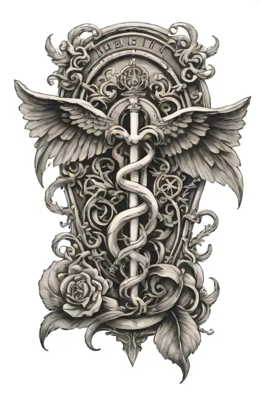 Caduceus Memorial Tattoo Design Gothic Ornamental Medieval Victorian