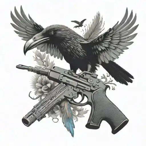 An Mp5 Gun With Crows Around It It Has Wings