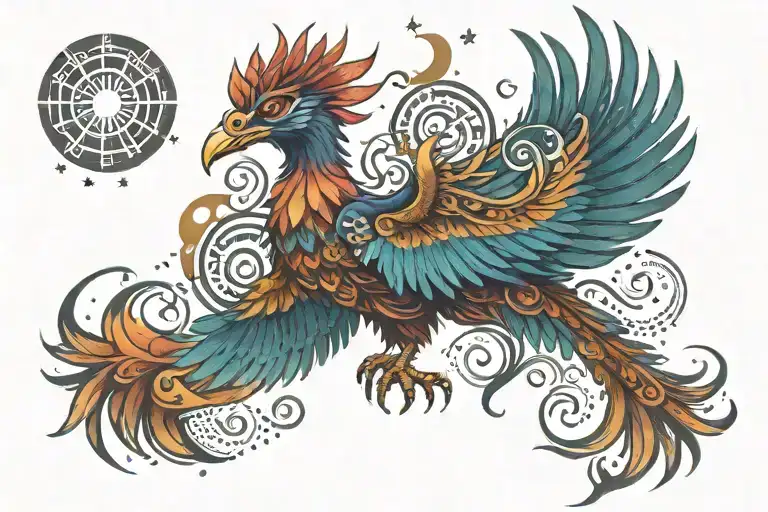 Colorful Aztec Phoenix Rising Into The Milky Way