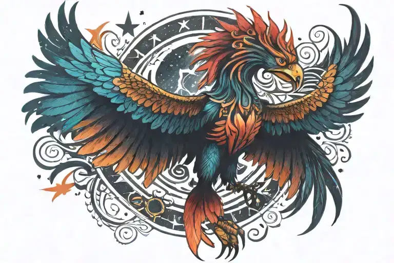 Colorful Aztec Phoenix Rising Into The Milky Way