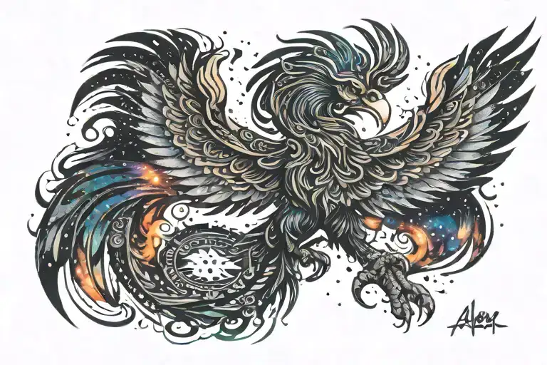 Colorful Aztec Phoenix Rising Into The Milky Way
