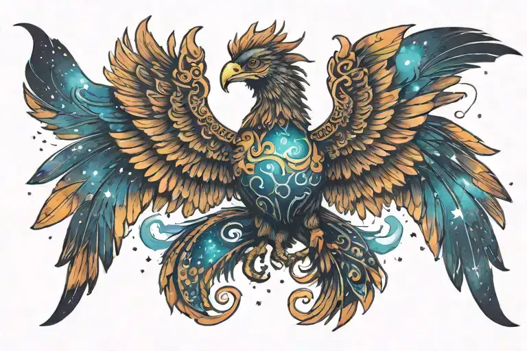 Colorful Aztec Phoenix Rising Into The Milky Way