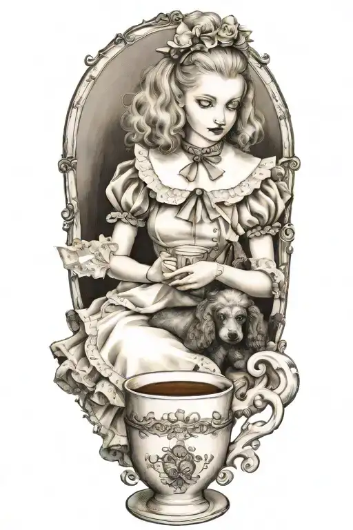 Alice In Wonderland Reading A Book With A Cup Of Coffee And A Poodle Dog