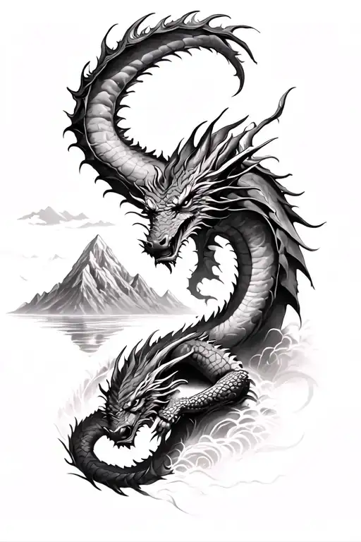 Dragon Sleeping At Bottom Of Mountain Range Surrounded