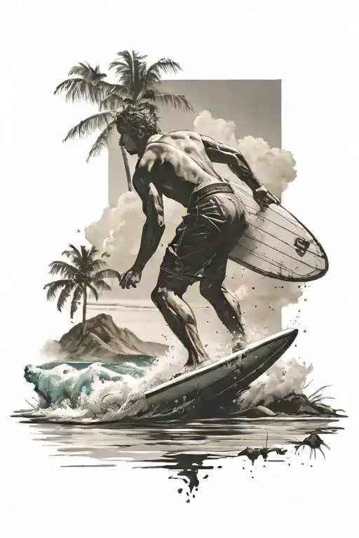 Beach Landscape In The Background With Surfer Lifting His Board