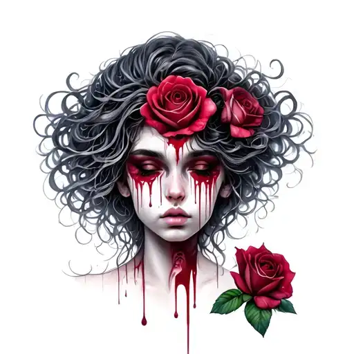 Female Medussa With Two Roses And Blood Tears Flowing Hair