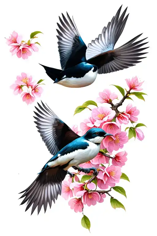 One Or More Swallows Flying Near A Cherry Tree