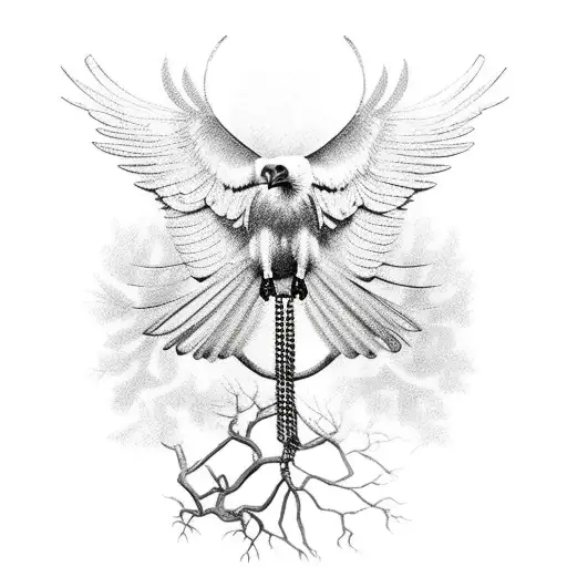 Vulture Standing On A Tree Branch With A Chain Wrapped Around One Leg