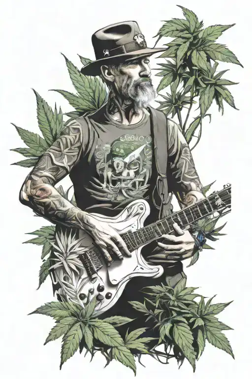 A Realistic Portrait Of A Veteran Playing A Guitar With Cannabis Plants In The Background