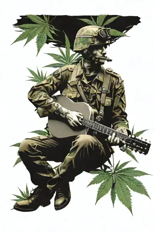 A Realistic Portrait Of A Soldier Playing A Guitar With Cannabis Plants In The Background