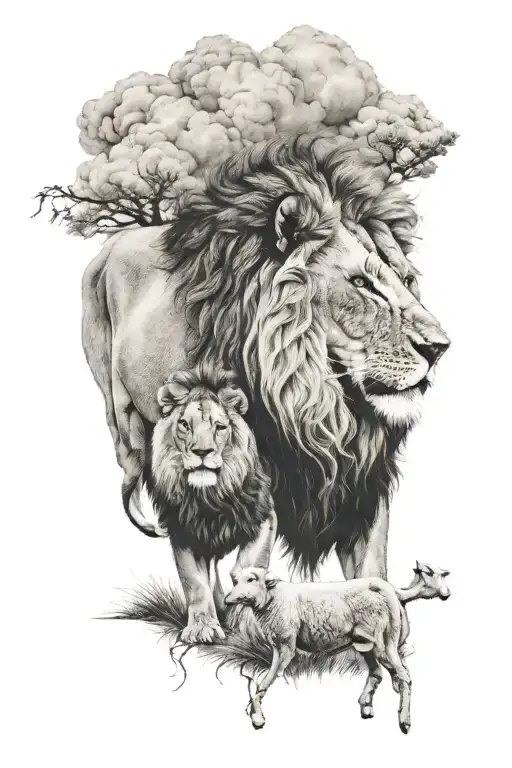 Lion Guarding Sheep Standing In Front