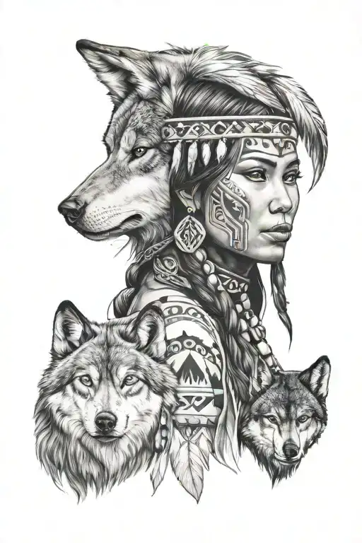 Native American Women With Wolf