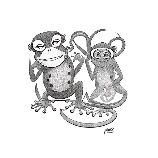 A Monkey And Frog Shaking Five In A Playful Sketch Style