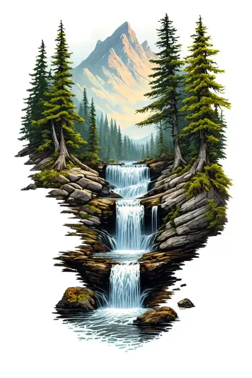 Stream Cascading Waterfall In A Forest Mountain Scene